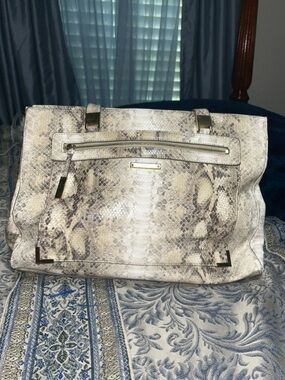Designer-Style Python Embossed Tote Bag in Cream and Brown